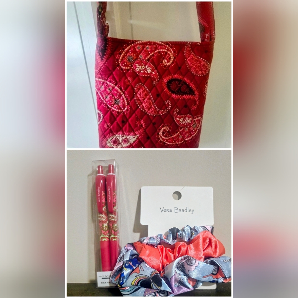 Vera Bradley Bundle: Red Paisley Quilted Shoulder Bag, Pen Set And Scrunchies